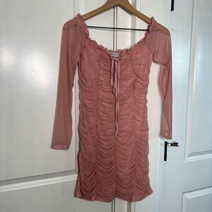 Fashion nova pink bodycon ruffled scrunched dress long sleeve mesh women’s XL